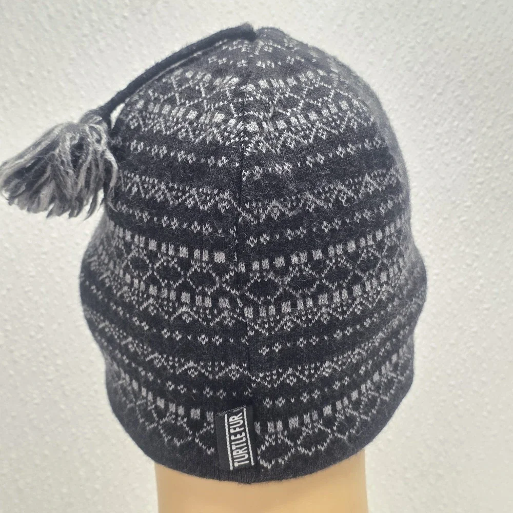 Turtle Fur Merino Wool Fair Isle Beanie Hat Black & Gray - Made in Canada